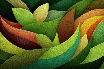 Poster - Vibrant abstract composition showcasing swirling leaves in rich shades of green, brown, and gold capturing the essence of nature