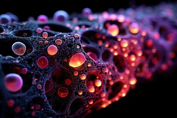 Fototapete - Abstract structure with glowing bubbles and colorful textures in a dark environment showcasing fine details