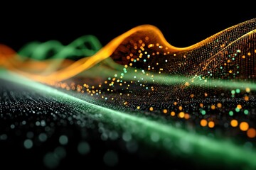Poster - Colorful abstract wave patterns representing digital sound visualization in a dark space