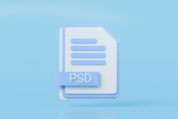 Fototapete - 3d file folder document PSD icon. minimal word PSD sheet presentation document icon. document form. business work company icon concept. archive presentation file type concept. PSD format. 3d render.