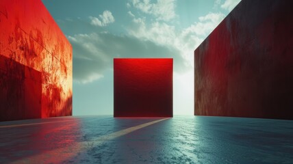 Poster - Abstract glowing cube structure in sci-fi landscape at sunset. Digital artwork of 3D rendering of cube with glowing light. Futuristic and surreal concept for design and print. Geometric shape. AIG53.