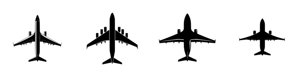 Poster - Vector illustration of four black and white airplane icons displaying various angles and designs