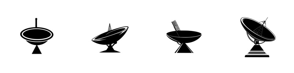 Poster - Vector illustration of black and white satellite dish icons arranged in a row showcasing different designs and styles