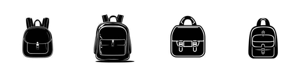 Poster - Vector illustration of four stylish backpack designs in black and white for modern accessories and fashion