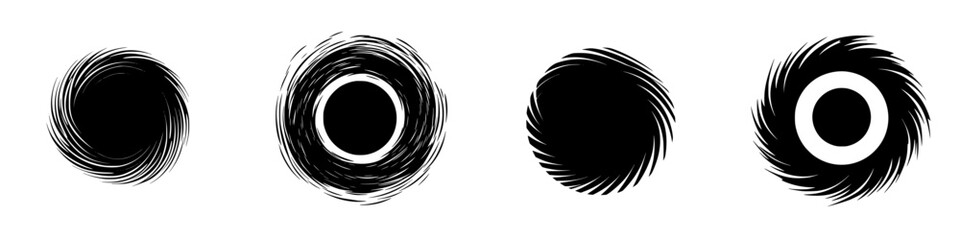 Poster - Vector illustration featuring four black and white swirling shapes symbolizing motion and dynamics