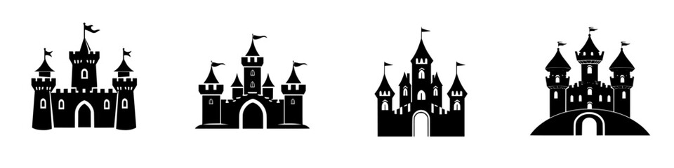 Poster - Vector illustration of four black and white castle icons representing different architectural styles in a playful format