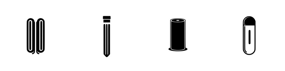 Poster - Vector illustration of office supplies including paper clips, pencil, roll, and capsule in black and white style