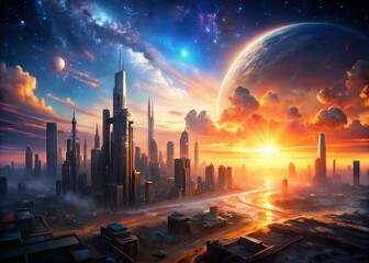 Wall Mural - cinematic sunrise in space: abandoned cityscape at dawn