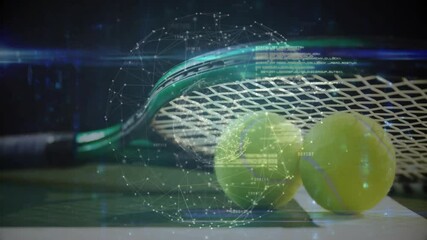 Poster - Tennis racket and balls being animated on green court, showing network nodes with code