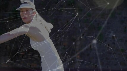 Poster - Female tennis player swinging racket outdoors, visualizing sports analytics network graphic overlay
