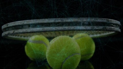 Poster - Tennis racket head hovering above three glowing tennis balls, displaying digital network lines