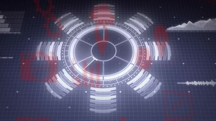 Poster - Central circular HUD interface rotating and updating values, showing data clusters in flat design