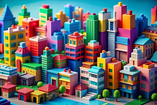 Colorful Block City 3D Illustration - Left Composition with Copy Space