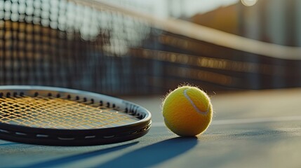 Tennis ball resting on strings of racket beside net in warm sunlight, athletic gear macro shot