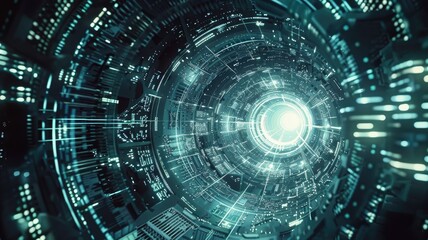 Poster - Futuristic digital interface with glowing elements. Digital artwork of circle shape hologram with blue glowing interface. Technology and innovation concept for design and print. Cyber security. AIG53.