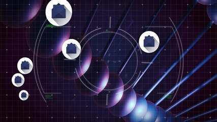 Poster - Futuristic UI showing glowing spheres over grid under HUD crosshair, with floating envelope icons