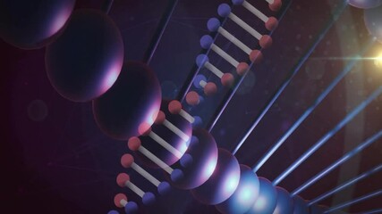 Poster - stylized 3d dna helix twisting diagonally in dark backdrop, with spherical bonds and lens flares