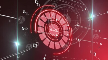 Poster - Red segmented circular HUD displaying 1587 reading, rotating in binary arcs and glowing grid