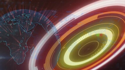 Poster - Futuristic interface featuring rotating HUD elements with glowing Earth map and neon light streaks