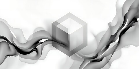 Poster - Abstract cube surrounded by flowing smoke on a white background in grayscale design art
