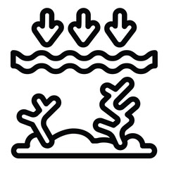 Poster - Water surface with underwater flora line icon, ecology concept. Vector graphics. Sea corals and silt, pollution sign on white background, style for mobile or design.