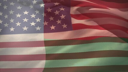 Poster - US and Hungarian flags being animated in scene, showing overlapping wave effect in flat design