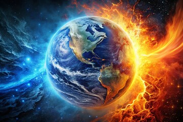 Wall Mural - Cosmic Clash: Earth's Fiery & Icy Celestial Battle - Vibrant Landscape