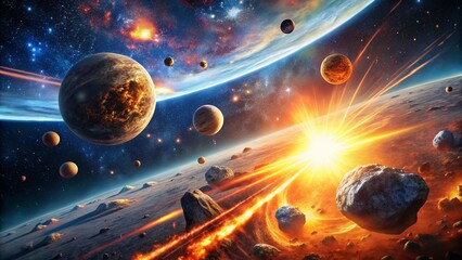 Wall Mural - Cosmic Collision: Long Exposure of Exploding Asteroids and Meteorite Impacts in Deep Space