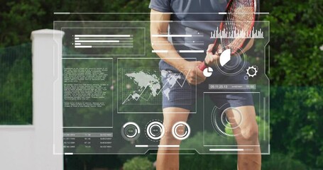 Poster - senior male tennis player playing on court, showing animated technology HUD bar charts, pie graphs
