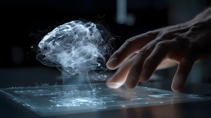 Poster - Brain's Cognitive Interface: A futuristic, glowing digital representation of a human brain hovers above a modern interactive surface.