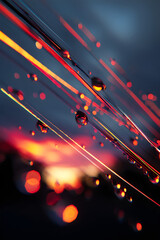 Poster - Illuminated Fiber Optics: Close-up of a collection of glowing fiber optic strands adorned with delicate water droplets, set against a subtly blurred background of warm colors.