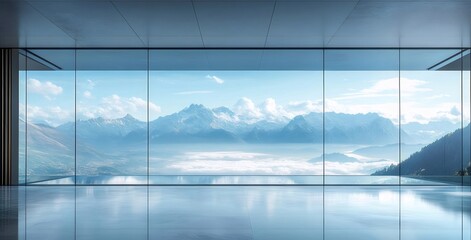 Poster - 巨大なガラス窓から見える山々と湖のパノラマビュー 明るく晴れた青空と透明な水面の穏やかな風景