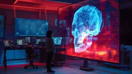 Poster - Illuminating the Enigma: A researcher contemplates a holographic representation of a skull, set against a cutting-edge laboratory backdrop. The scene pulses with innovation, science.