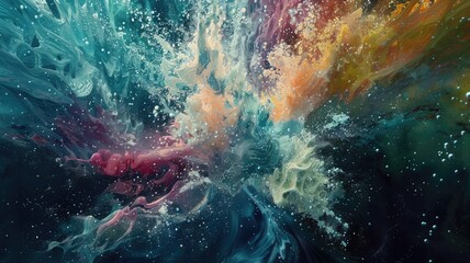 Poster - Abstract explosion with bright particles and dynamic motion. Digital art for design with vibrant color pigment explosion scene with black background. Vibrant colors and energetic elements. AIG53.