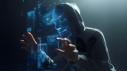 Poster - Digital Intruder: A hooded figure wearing a digital mask interacts with a virtual interface, symbolizing cybercrime and data breach in a modern, high-tech setting.