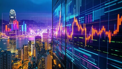 Poster - City skyline with digital stock market data overlay at night hong kong