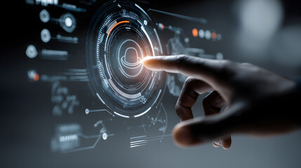 Poster - Digital Touch Interface: A human finger interacts with a futuristic digital interface, creating a sense of innovation and technological advancement.