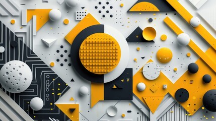 Poster - Geometric abstract composition with yellow, black, and white shapes. Background image of 3D rendering geometric shape with black and yellow wavy or curving line on white background. Modern. AIG51.