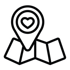 Poster - Map and location pin with heart line icon, charity concept. Vector graphics. Donation point on paper, map sign on white background, style for mobile or design.
