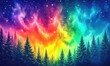 © ida - A row of dark green pine trees stand in front of a colorful sky filled with stars