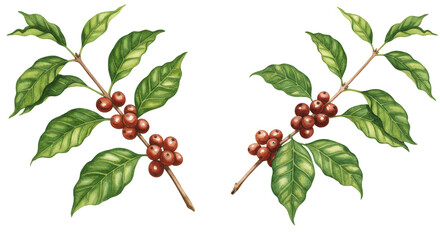 two coffee branches, with leaves and berries, set against a dark background