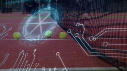 Poster - Tennis net stretching diagonally across red court, featuring tennis balls and digital circuit HUD