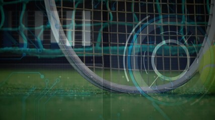 Poster - White curved field hockey stick resting on green turf, displaying futuristic HUD graphics
