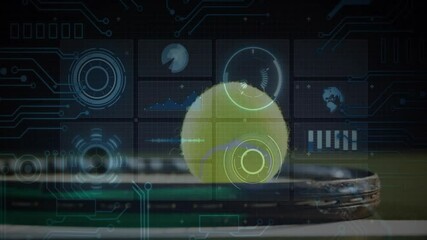 Poster - Tennis ball resting on racket strings while flat design HUD charts grid pulsing over blurred court