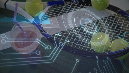 Poster - Tennis racket gliding diagonally across court in flat design, showing balls and HUD overlay