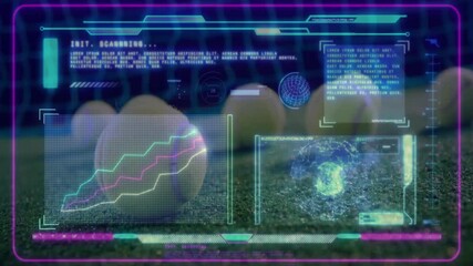Poster - Three tennis balls glowing on turf in 3D-rendered scene displaying neon HUD charts animating
