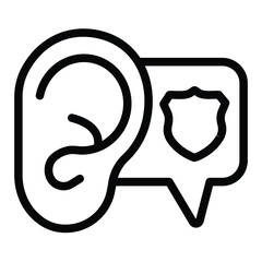 Poster - Ear with police badge popup window line icon, law and order concept. Vector graphics. Police siren sound bubble sign on white background, style for mobile or design.
