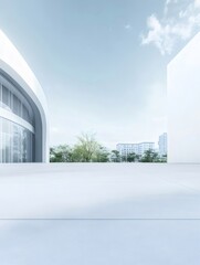 Poster - 青空の下 白い建物と緑の木々 現代建築の洗練されたデザイン 光と影が織りなす美しい風景