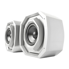 Poster - Futuristic Sound System Design, A 3d Rendered Speaker With Sharp Geometric Edges, Showcased In A Straightforward View. Isolated On A White Studio Background This Is A Crisp, Clean Technology Design.