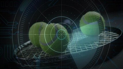 Poster - Green tennis balls floating on racket strings, featuring HUD circles, circuit lines, 3D render